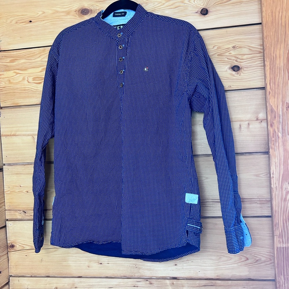 Micro Dot Band Collar Henley Shirt Blue Button Long Sleeve Men Large Gear Riding